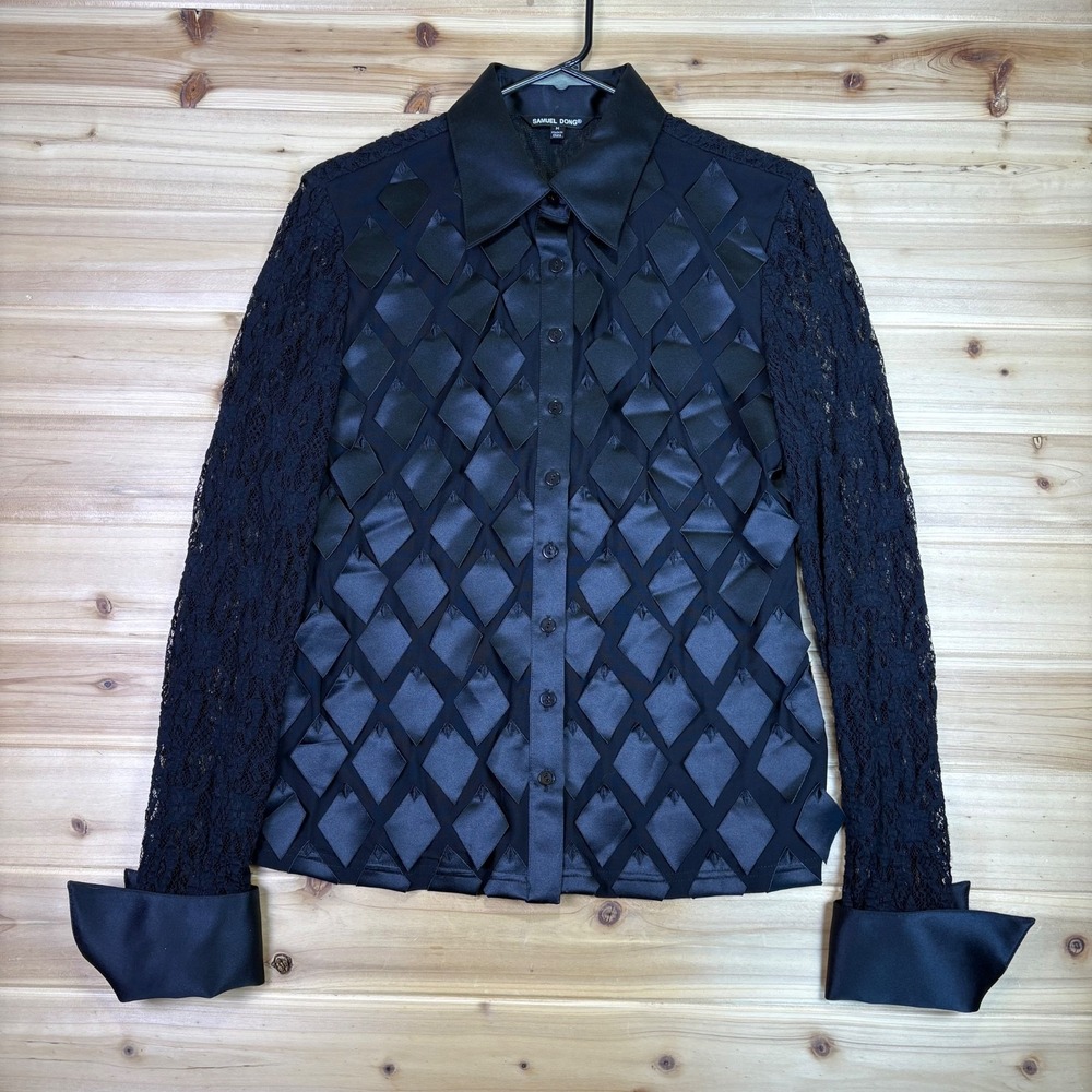 Samuel Dong Blouse Womens Medium Black Lace Long Sleeve Button Up Dress Shirt